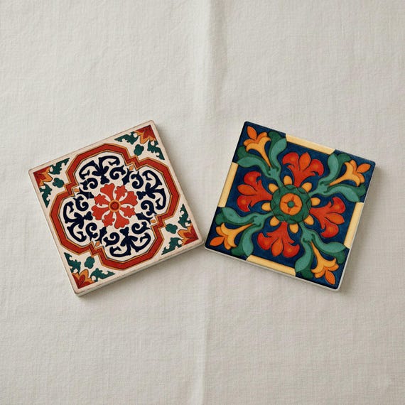 Azulejos italianos / Juego de posavasos estilo mayólica / Decoración m — Posavasos de cerámica y corcho de Cerámicas La Noria
