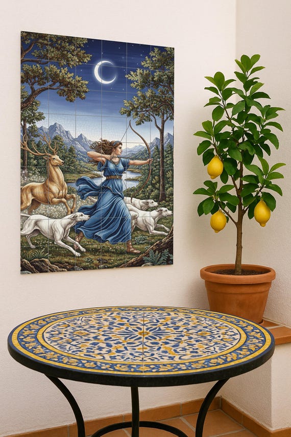 Mural cerámico de Artemisa la Cazadora, diosa griega de la Luna, con ciervos …