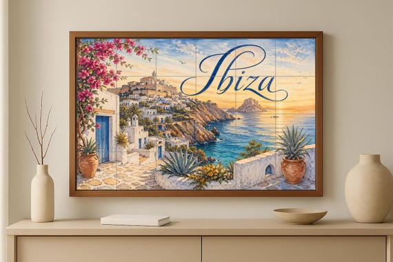 Mural de azulejos de cerámica de Ibiza Dalt Vila, decoración de pared mediter… — vista 4