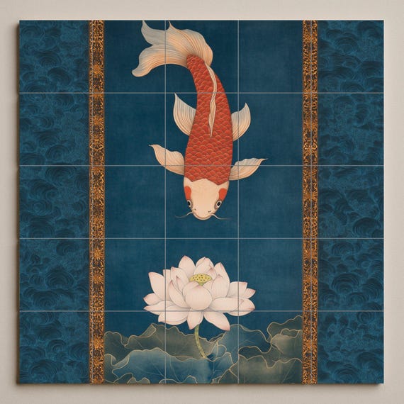 Mural cerámico de loto y koi — vista 3