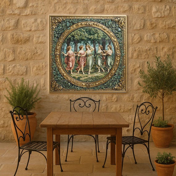 Mural de azulejos cerámicos renacentistas con gracia danzante mitológica, fre… — vista 2