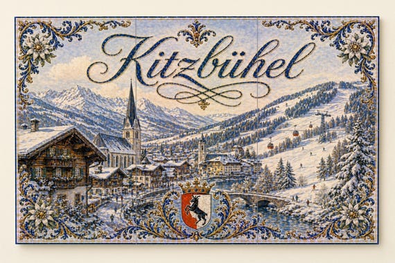 Mural de azulejos de cerámica de Kitzbühel, Austria, estación de esquí alpina…