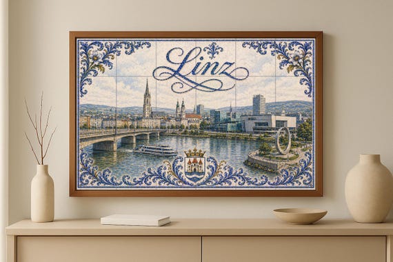 Mural de azulejos de cerámica del río Danubio en Linz, Austria, con el modern… — vista 2