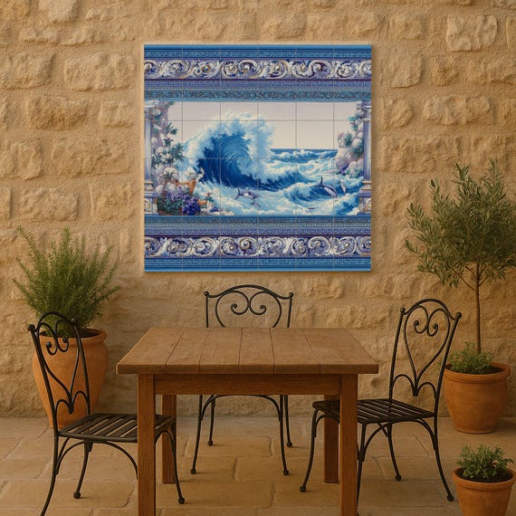 Mural de azulejos con olas del océano — vista 2