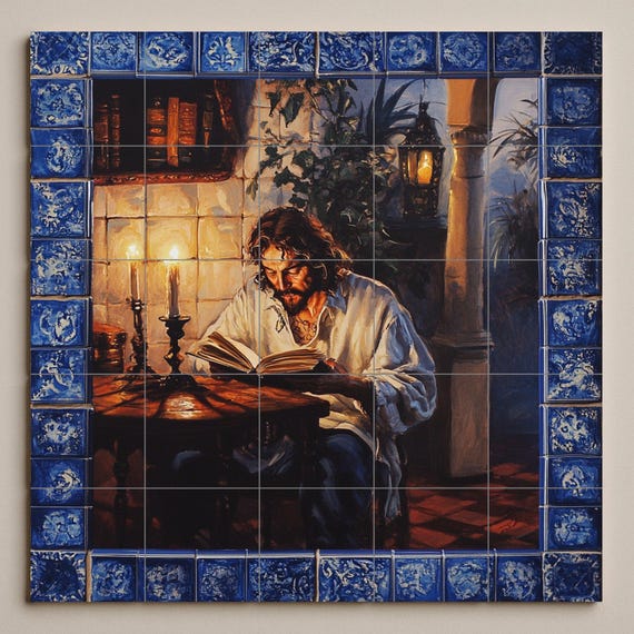 Mural de pared de cerámica clásico con hombre leyendo a la luz de las velas, … — vista 3