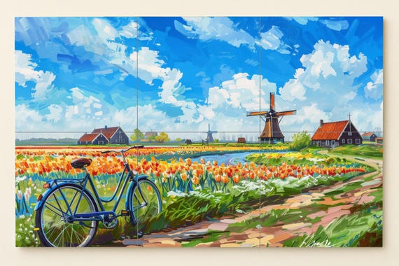 Mural de azulejos de un campo de tulipanes holandeses — vista 3