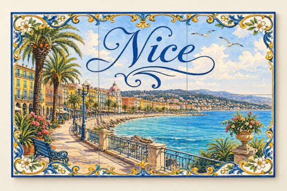 Bonito mural de azulejos de cerámica de la Riviera Francesa, decoración de pa… — vista 4