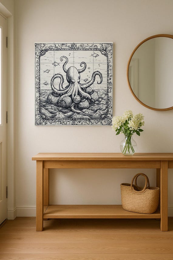 Mural de azulejos cerámicos con forma de pulpo náutico y barriles vintage, es…