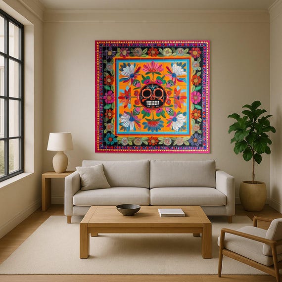 Mural de pared de cerámica del Día de Muertos con calavera de azúcar mexicana… — vista 4