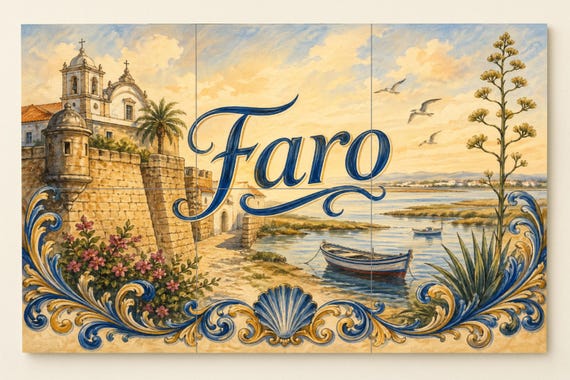 Mural de azulejos de cerámica de Faro, Portugal, decoración de pared de la ci… — Mural cerámico de Cerámicas La Noria