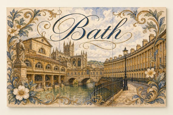 Mural de azulejos de cerámica de Bath, Inglaterra, arte mural de baños romano… — vista 4