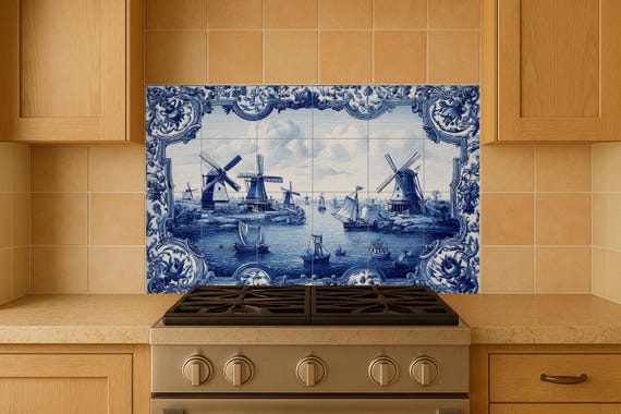 Mural de azulejos azules de Delft