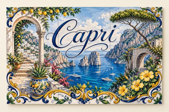 Mural de azulejos de cerámica de Capri, Italia, arte mural de la costa de Ama…