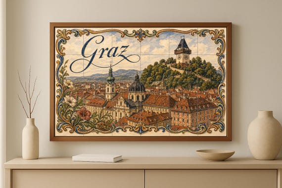 Mural de azulejos de cerámica de la torre del reloj de Schlossberg en Graz, A… — vista 2