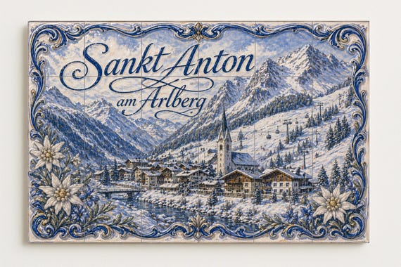 Mural de azulejos de cerámica de Sankt Anton am Arlberg, Austria, estación de… — vista 4