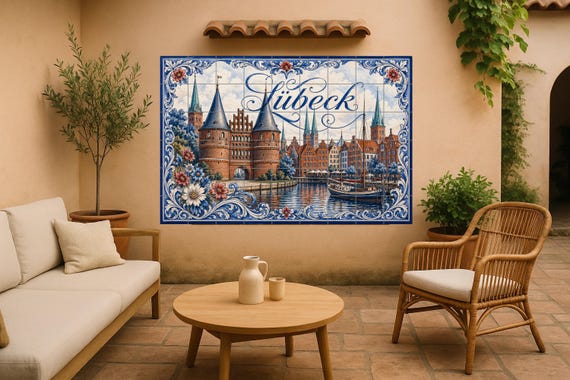 Mural de azulejos de cerámica de Lübeck, arte mural del puerto hanseático, de…