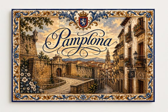 Mural de azulejos de cerámica medieval de Pamplona, decoración de pared histó… — vista 4