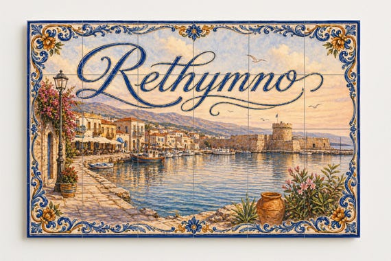 Mural de azulejos de cerámica del puerto veneciano de Rethymno, decoración de… — vista 2