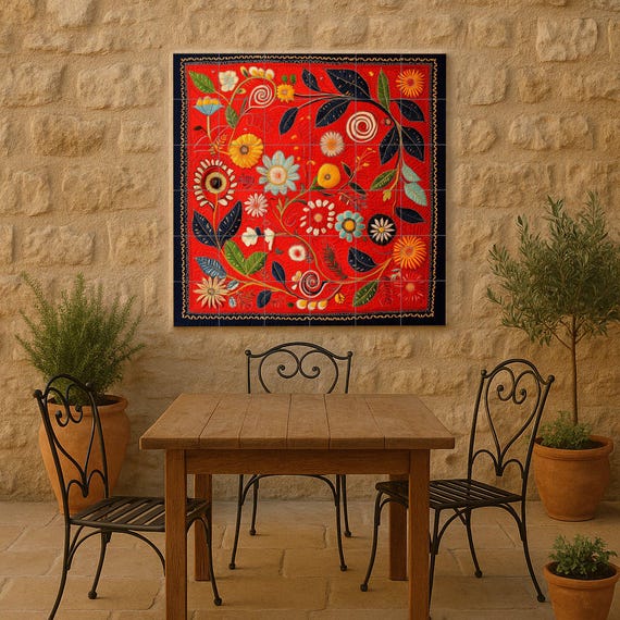 Mural de cerámica rojo intenso con remolinos botánicos, flores en espiral, fl… — vista 4