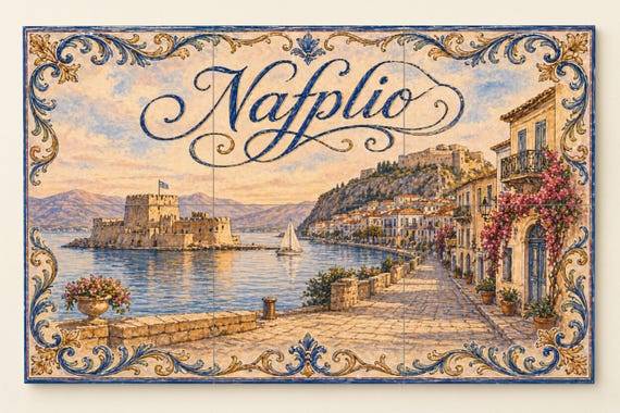 Mural de azulejos de cerámica de Nafplio, Grecia, arte mural costero del puer…