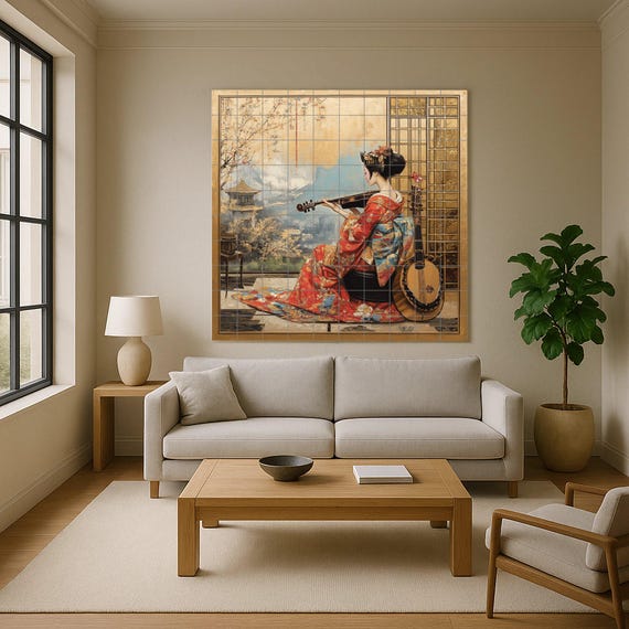 Mural de pared de cerámica de geisha con kimono rojo y violín, arte de azulej… — vista 4