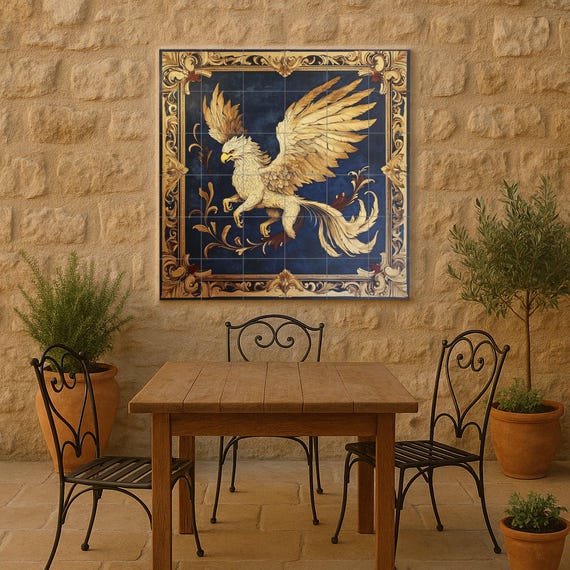 Mural de pared de cerámica de grifo dorado con marco heráldico y fondo azul o… — vista 2