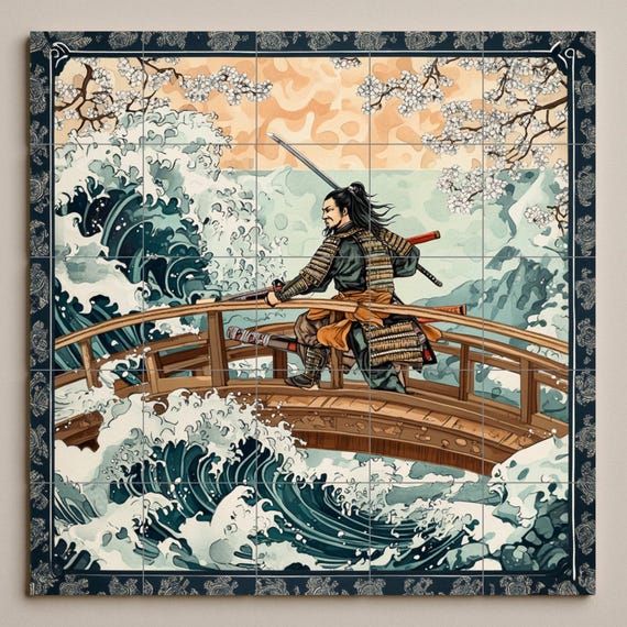 Mural de pared de cerámica de guerrero samurái con ondas japonesas y flores d… — vista 3