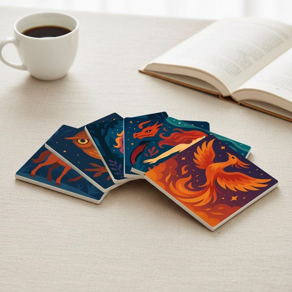 Criaturas míticas, posavasos de azulejos de fantasía, dragón, fénix y 