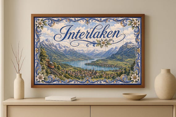 Mural de azulejos de cerámica de Interlaken, Suiza, arte mural del lago de lo… — vista 2