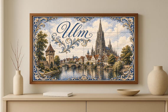 Mural de azulejos de cerámica de Ulm, Alemania, arte mural con paisaje urbano… — vista 3