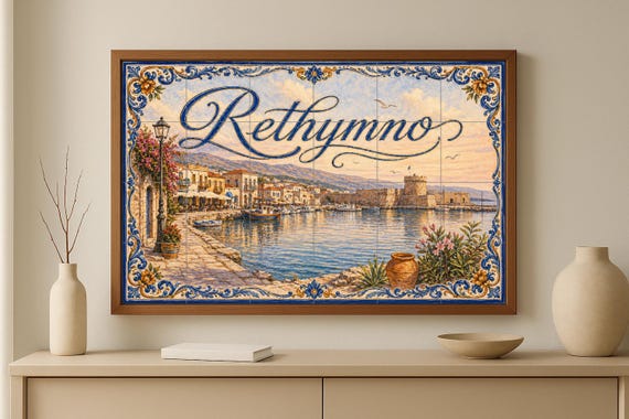 Mural de azulejos de cerámica del puerto veneciano de Rethymno, decoración de… — vista 4