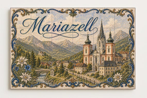 Mural de azulejos de cerámica de Mariazell, Austria, Basílica alpina y decora… — vista 4