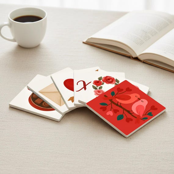 Románticos de cerámica con ilustraciones de amor, decoración de mesa — Posavasos de cerámica y corcho de Cerámicas La Noria
