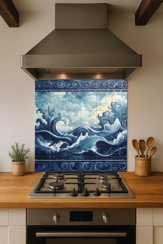 Mural de pared de cerámica con olas del océano y diseño de nubes y mar en esp… — vista 2