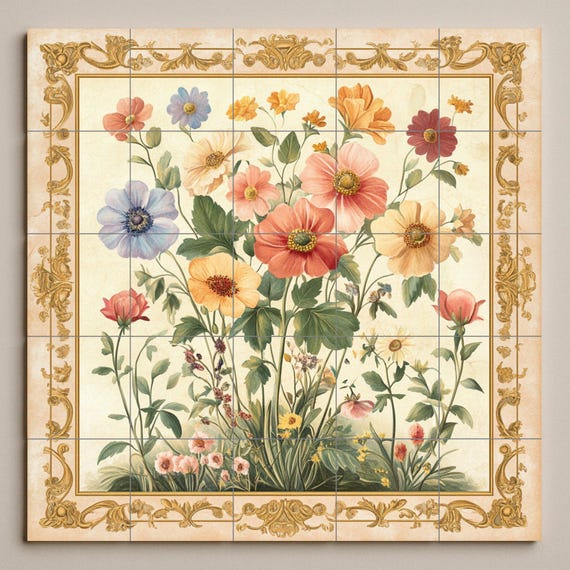 Mural de pared de cerámica floral con flores silvestres y borde dorado adorna… — vista 3