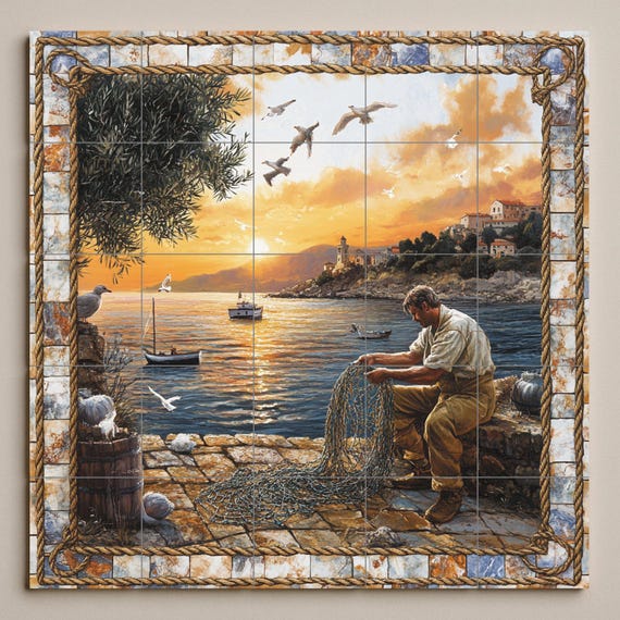 Mural de azulejos de cerámica con un pescador reparando una red junto al mar,… — vista 3