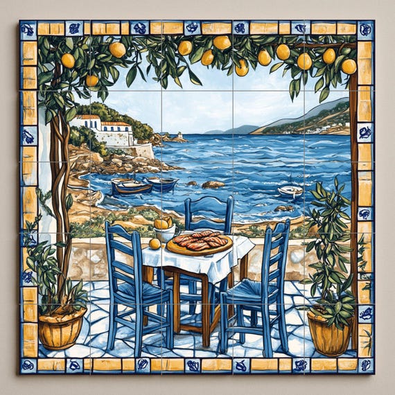 Mural de azulejos cerámicos de una taberna de una isla griega con sillas azul… — vista 3