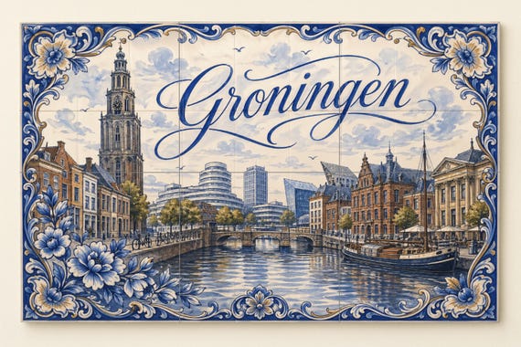 Mural de azulejos de cerámica de Groningen, Países Bajos, arte mural de la ci… — Mural cerámico de Cerámicas La Noria