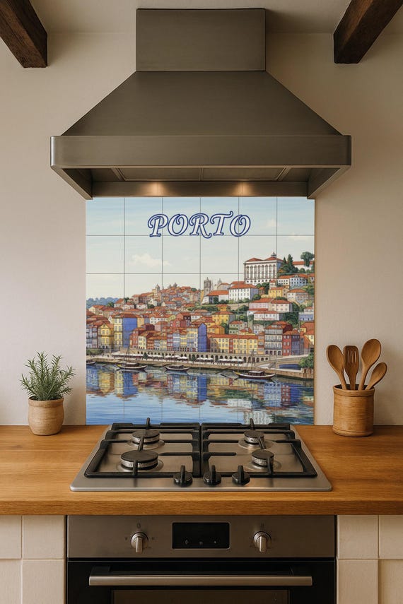 Mural de pared de cerámica con la ribera del río Oporto