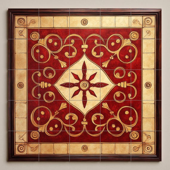 Mural de cerámica ornamental rojo y dorado — vista 3