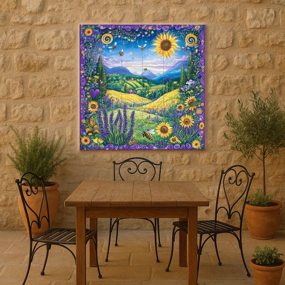 Mural cerámico de girasoles y abejas
