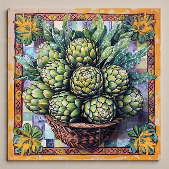 Mural de azulejos de cerámica con cesta de alcachofas frescas y panel decorat… — vista 3