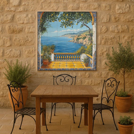 Mural de pared de cerámica de limonero mediterráneo con vista al mar desde un…