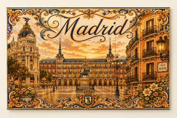 Mural de azulejos de cerámica de la Plaza Mayor de Madrid, decoración románti… — vista 4
