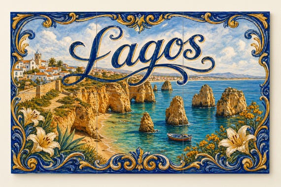 Mural de azulejos de cerámica de Lagos, Portugal, acantilados costeros del Al…