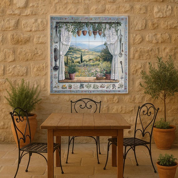 Mural de azulejos de cerámica con vista a la campiña toscana y colinas de viñ…