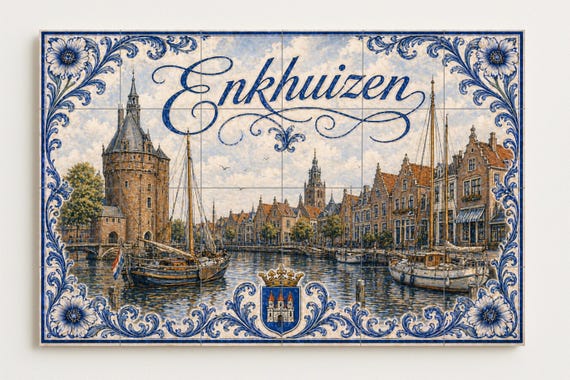 Mural de azulejos de cerámica de Enkhuizen, veleros del puerto holandés, arte… — vista 4