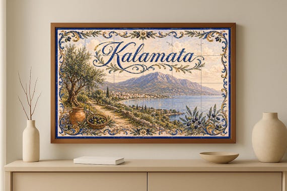 Mural de azulejos de cerámica de Kalamata, Grecia, arte mural de olivar medit… — vista 3