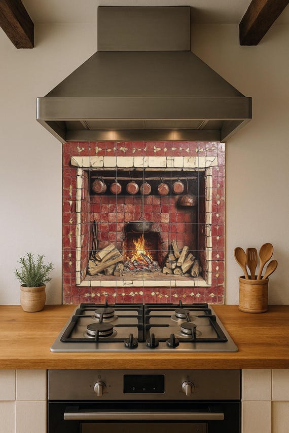 Mural de azulejos de cerámica con chimenea rústica — vista 2