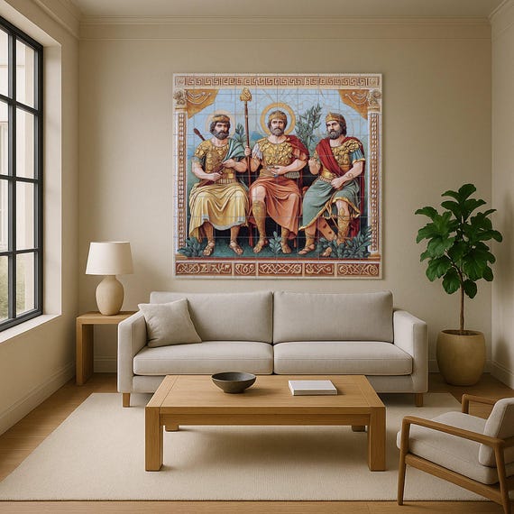 Mural de cerámica de reyes bizantinos con armadura dorada y halos sagrados, a… — vista 4